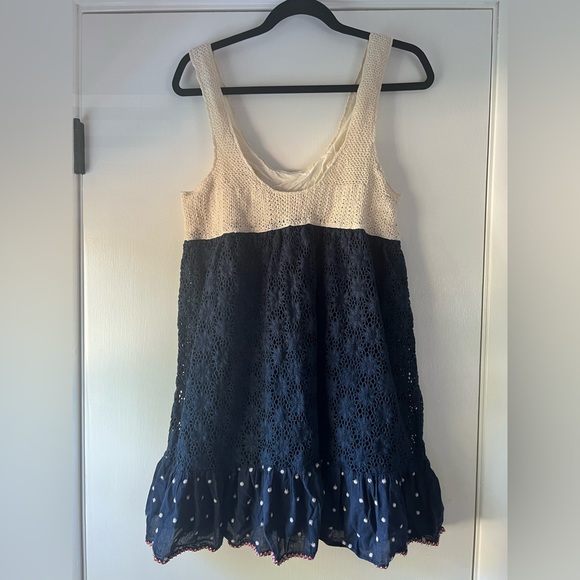 Vintage Manoush Lace Macrame Ruffle Hem Tank Dress Navy Cream Bohemian Boho - Picture 6 of 8